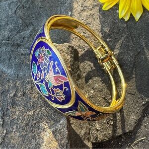 Vintage 10k Gold Plated ✨ Butterfly Floral Cloisonné Blue Enamel Bangle Bracelet
